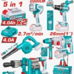 Combo TOTAL P20S 5 en 1: rotomartillo + taladro percutor + sopladora + demoledor + linterna 20V con bolso