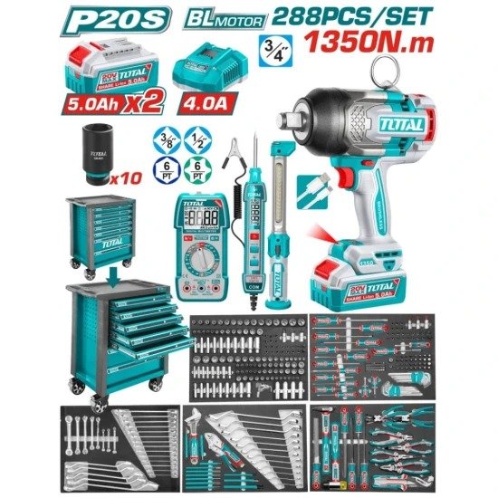 TOTAL-JUEGO-DE-HERRAMIENTAS-288PCS-THPTCS82882-950 Kit de herramientas TOTAL P20S 288 piezas con llave de impacto 3/4" 1350N.m y carro organizador - Imagen 1