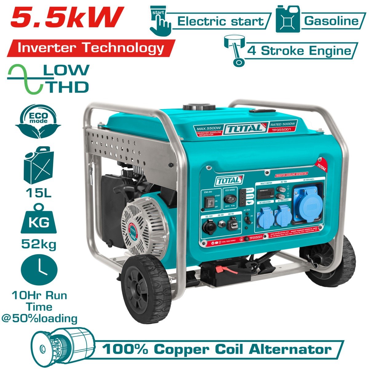 TP355001-800 Generador inverter a gasolina TOTAL 5.5kW con arranque eléctrico y ruedas - Imagen 1