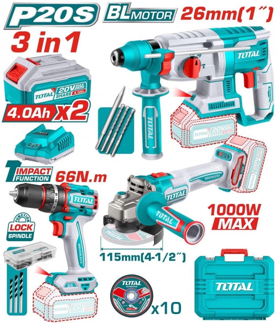 Tosli241198-200 Taladro percutor inalámbrico TOTAL P20S 20V con maletín de herramientas 166 piezas - Imagen 1
